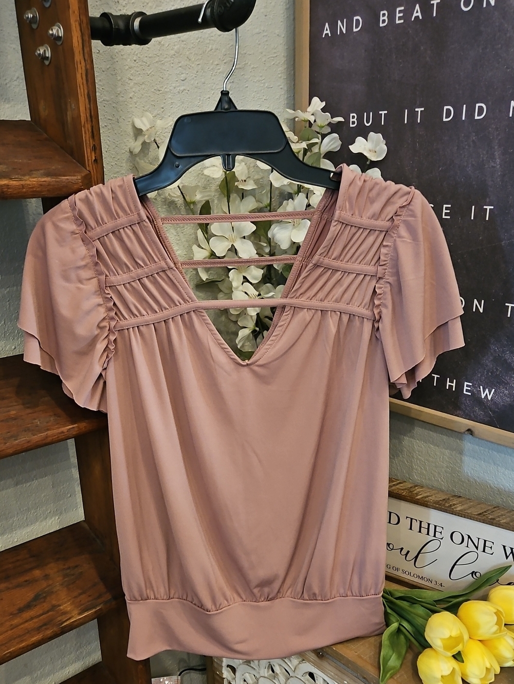 Daytrip Mauve Pink Flutter Sleeve V-Neck Top with Ladder Straps